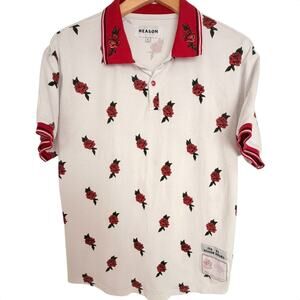 Reason Men's Large White Red Allover Rose Print Short Sleeve Polo Shirt